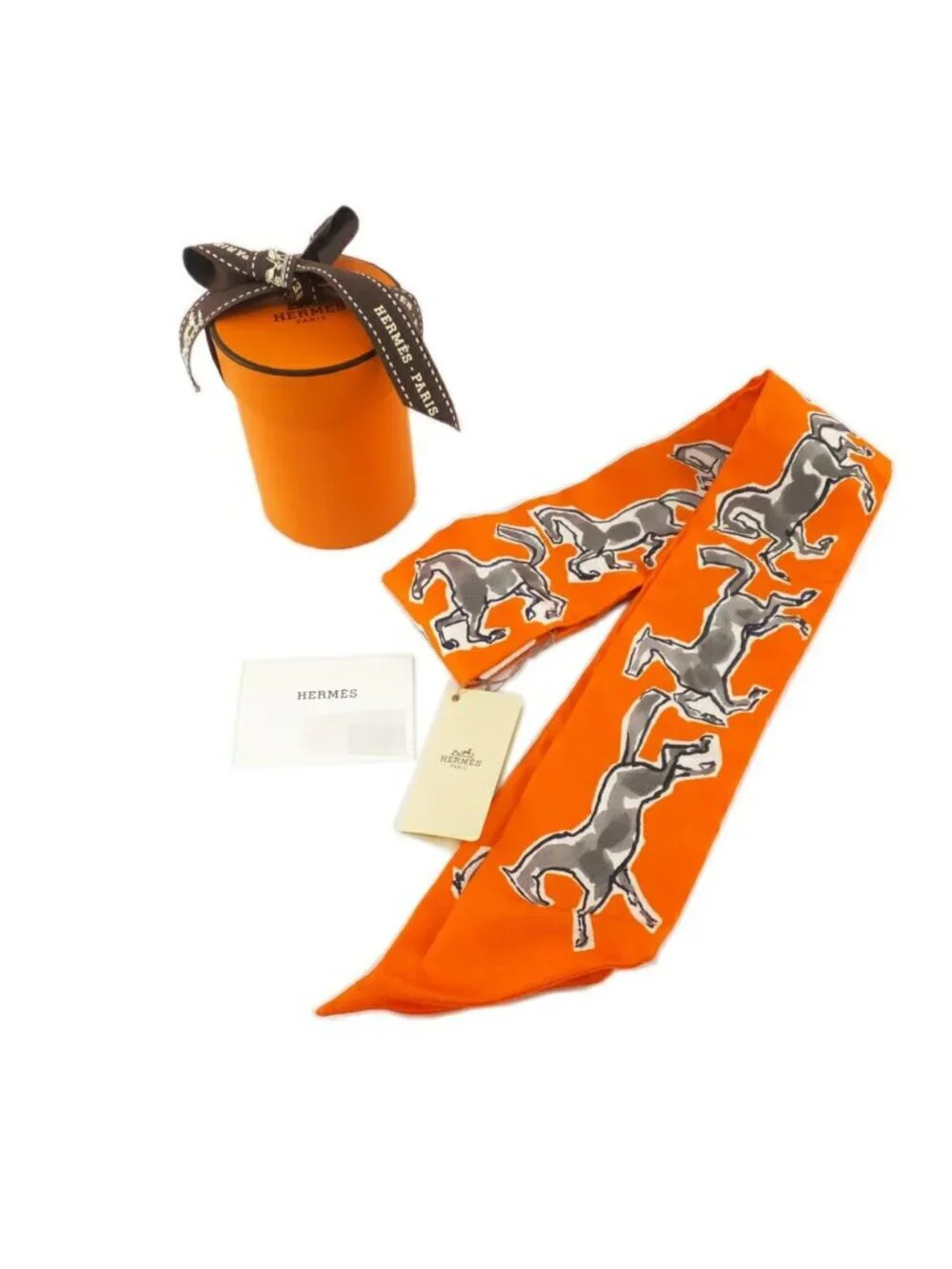 Hermes Heaven Twilly Chevaux en Liberte Horse of Freedom Orange Gray 14 Scarf - Picture 9 of 9